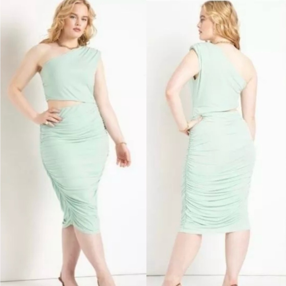Eloquii One Shoulder Ruched Cut Out Column Dress In Aqua Sea Foam 18‎